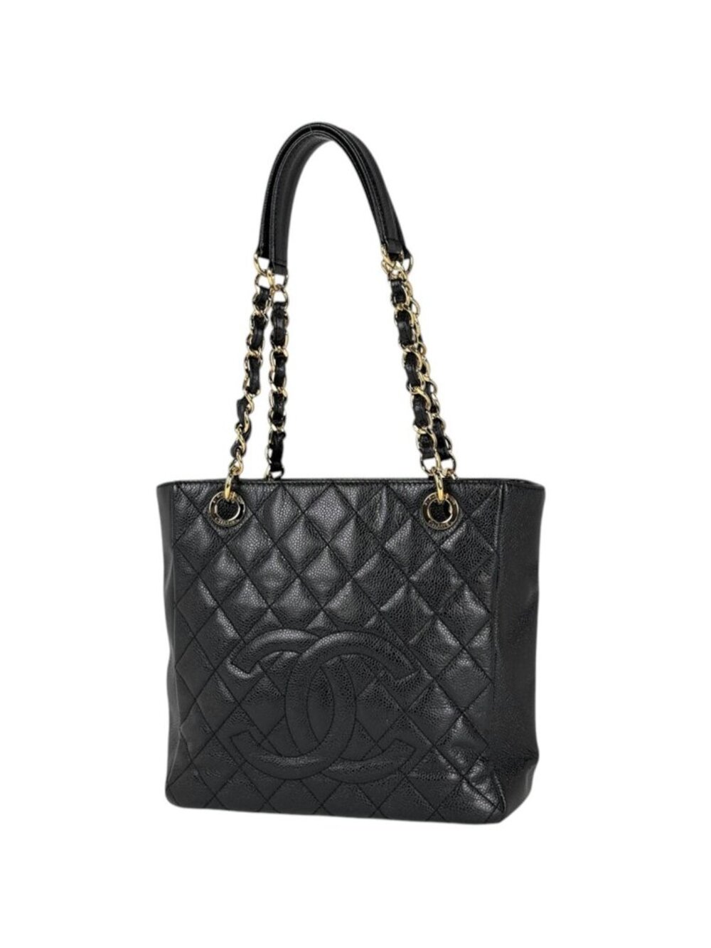 Chanel Tote Bag CC Logo Quilted Petite Shopping PST Caviar Leather Black